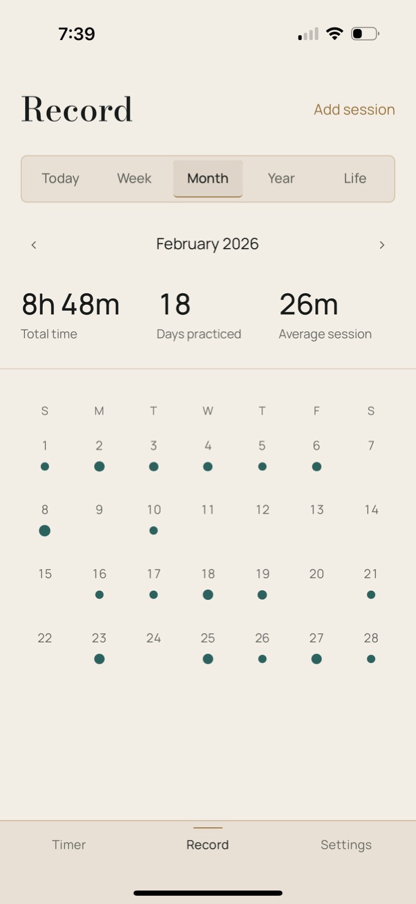 Quiet Measure Month Record view showing meditation practice days on a monthly calendar.